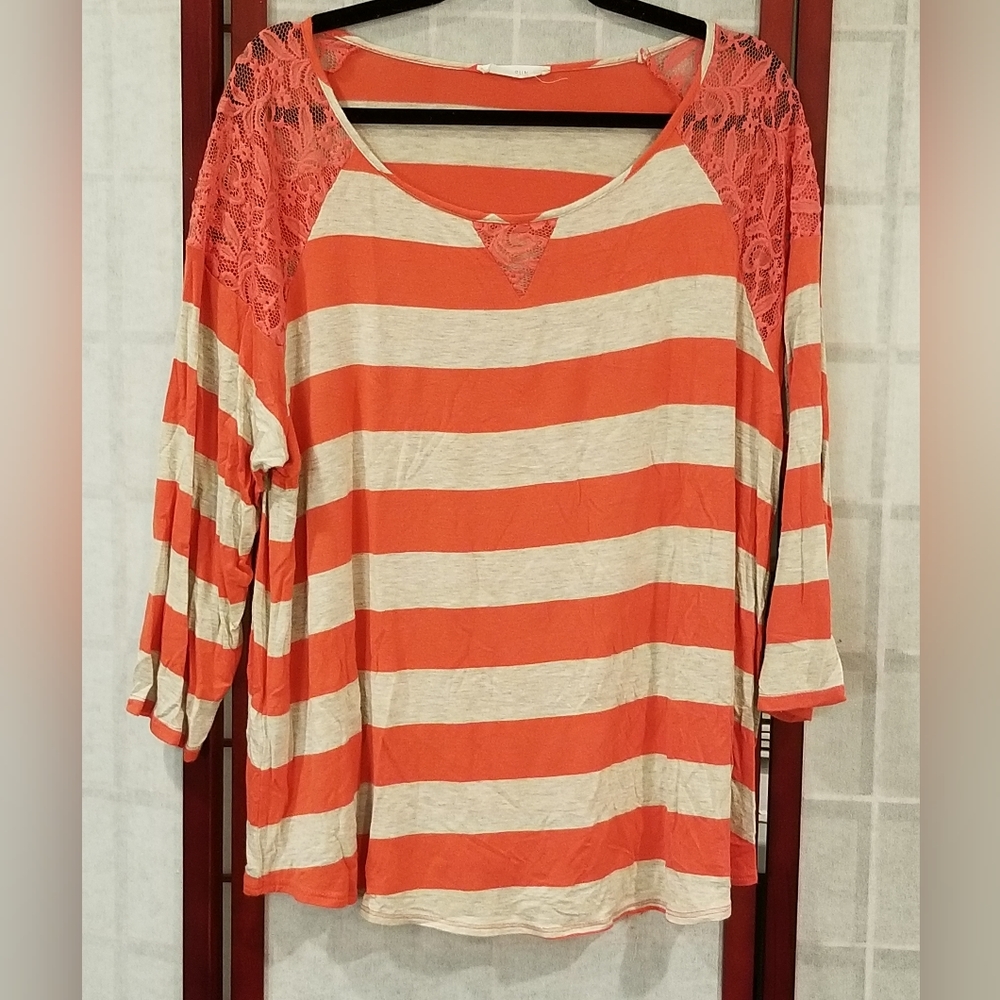 Coral and Oatmeal Striped Baseball T with Lace Insets Size 2X